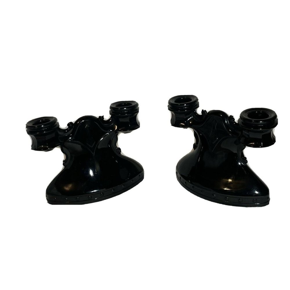 Vintage Pair of L.E. Smith Black Amethyst Glass Double Tapered Candle Holders.